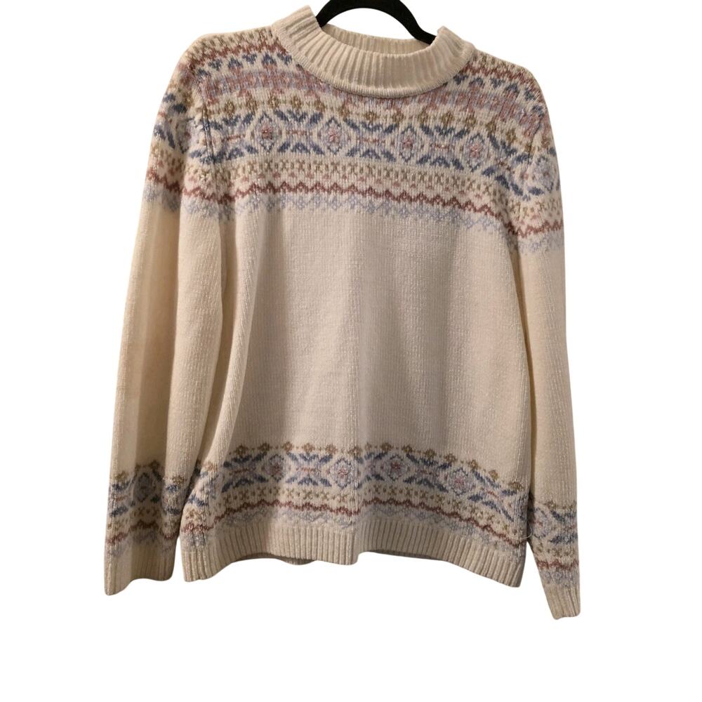 Vtg Off White Pastel Fair Isle Knit Sweater Coquette Womens Size M Soft Girl